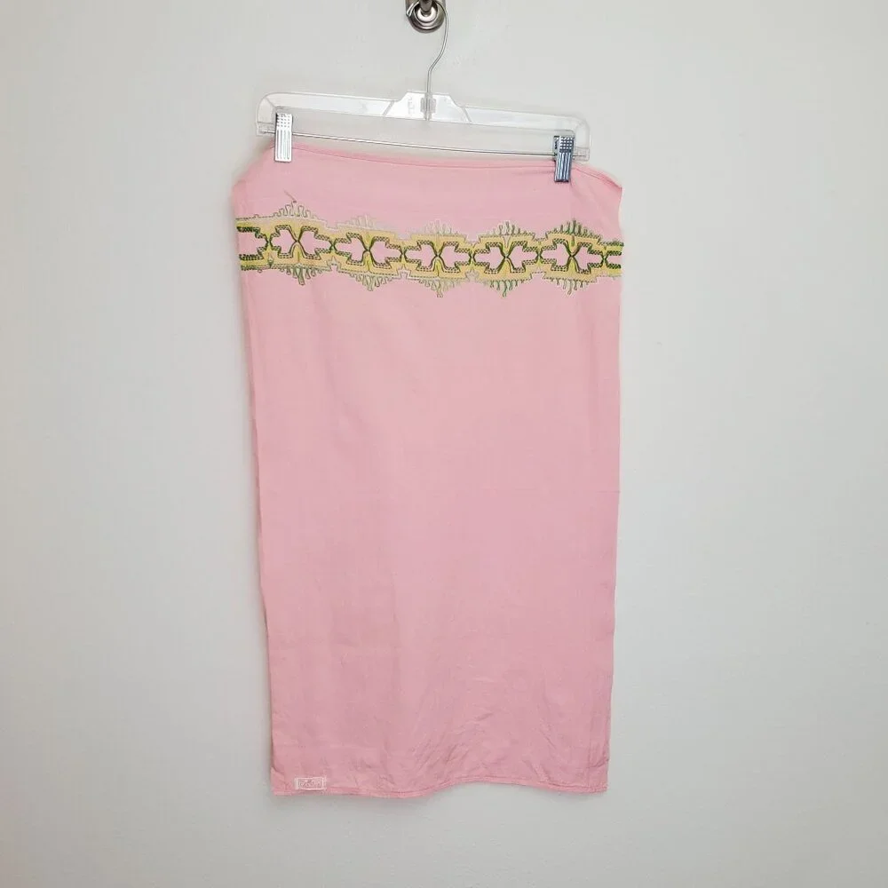 Vintage Cannon pink tea towel, green embroidery